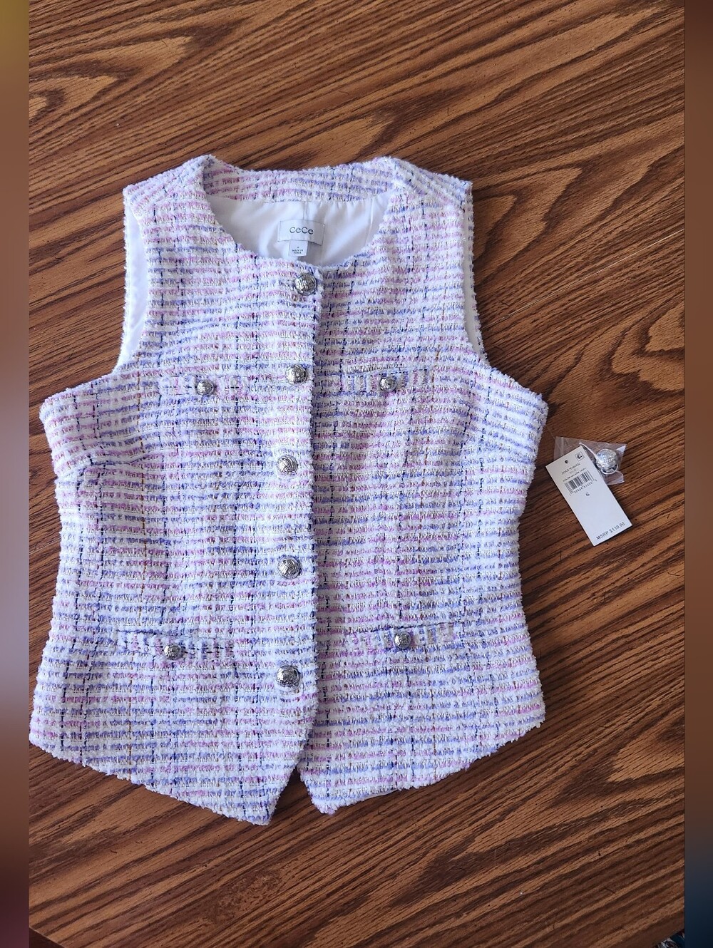 CeCe Lavender Multi-Color Tweed Button Vest